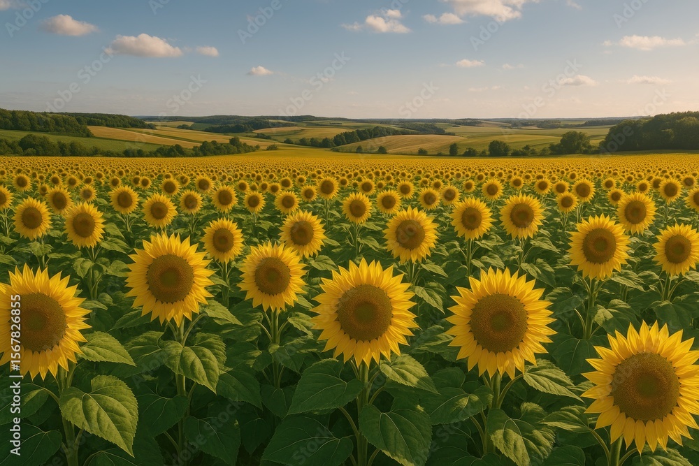 Fototapeta premium Stunning landscape featuring vibrant sunflower fields in rural areas