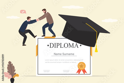 Teacher helping student to get up on diploma. Support in learning, mentorship. Skills improvement, education. Paper certificate. Mortarboard, graduation hat and diploma