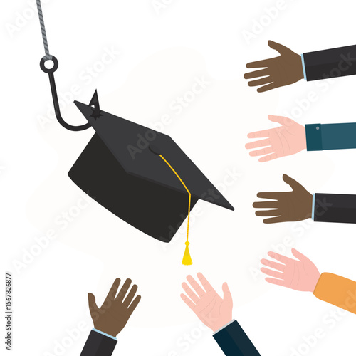 Graduate hat on fishing hook, various student hands catching giant cap. Bait, students as victims bad education, expensive cost of student loan.