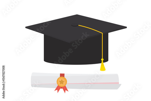 Graduation cap and rolled diploma scroll with stamp. Finish education concept. Graduate college, high school or university diploma and cap. Paper certificate, mortarboard