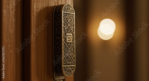 Intricate Mezuzah on Wooden Door, Warm Lighting