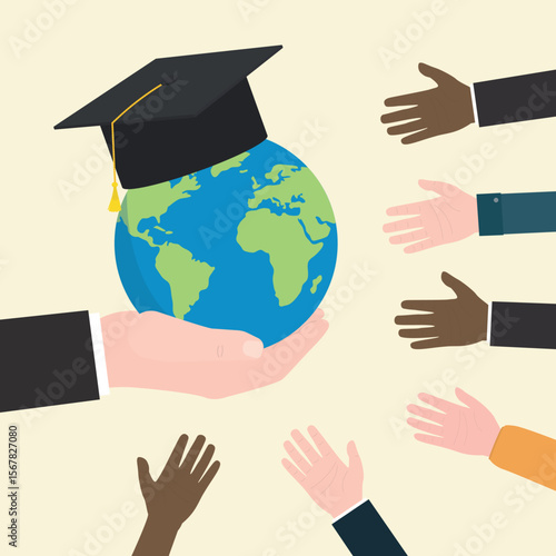 Teacher give globe with academic mortarboard hat. Multiethnic student want catch education. Study abroad world education curriculum, overseas school. international college,