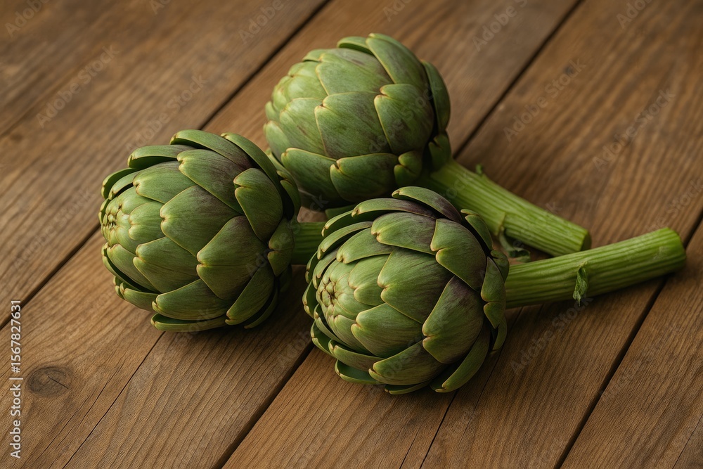 Obraz premium Artichokes arranged on a rustic wooden surface