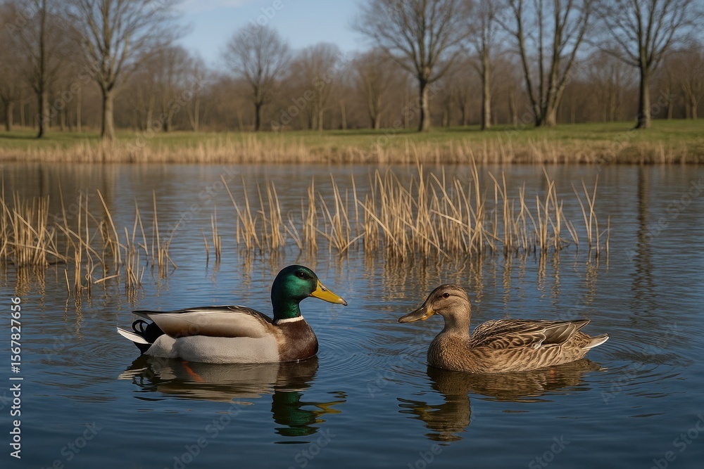Obraz premium Two ducks resting on a springtime pond with tranquil waters and bare trees in the distance