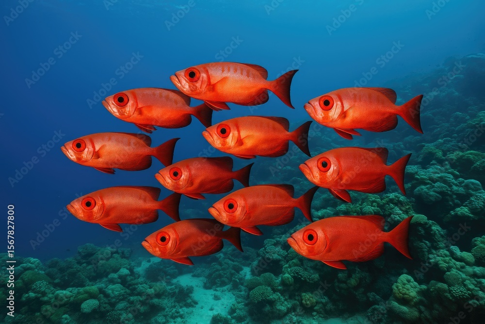 Naklejka premium A school of large-eyed fish swimming near vibrant coral formations