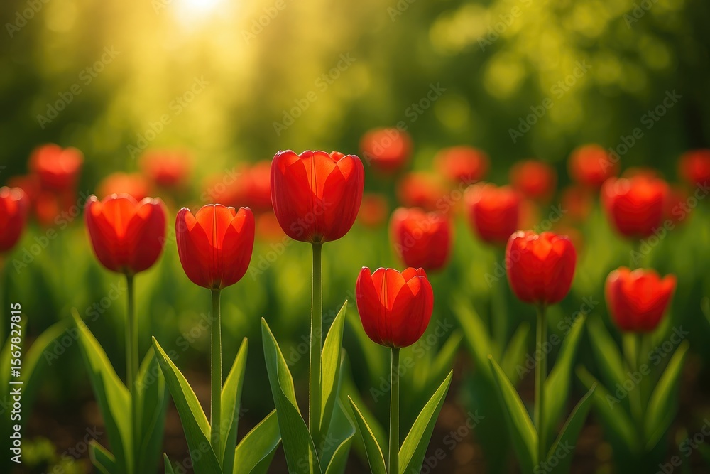 Obraz premium Stunning sunlight illuminating vibrant tulip blooms