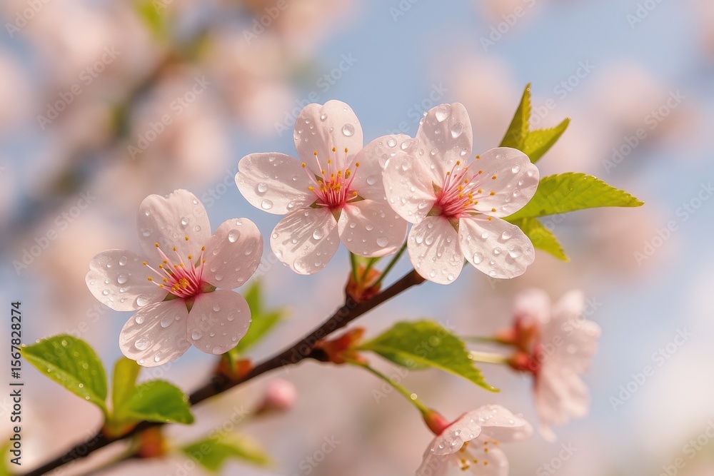 Fototapeta premium Close-up of vibrant pink cherry blossoms with raindrops on a sunny spring day