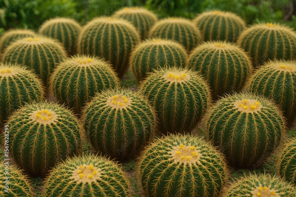 Spiky spherical Cacti with small blooms showcased in a tropical garden setting, featuring dense ribbed surfaces and large thorns amidst lush greenery. Spiky spherical Cacti with small blooms showcased in a tropical garden setting, featuring dense ribbed surfaces and large thorns amidst lush greenery.