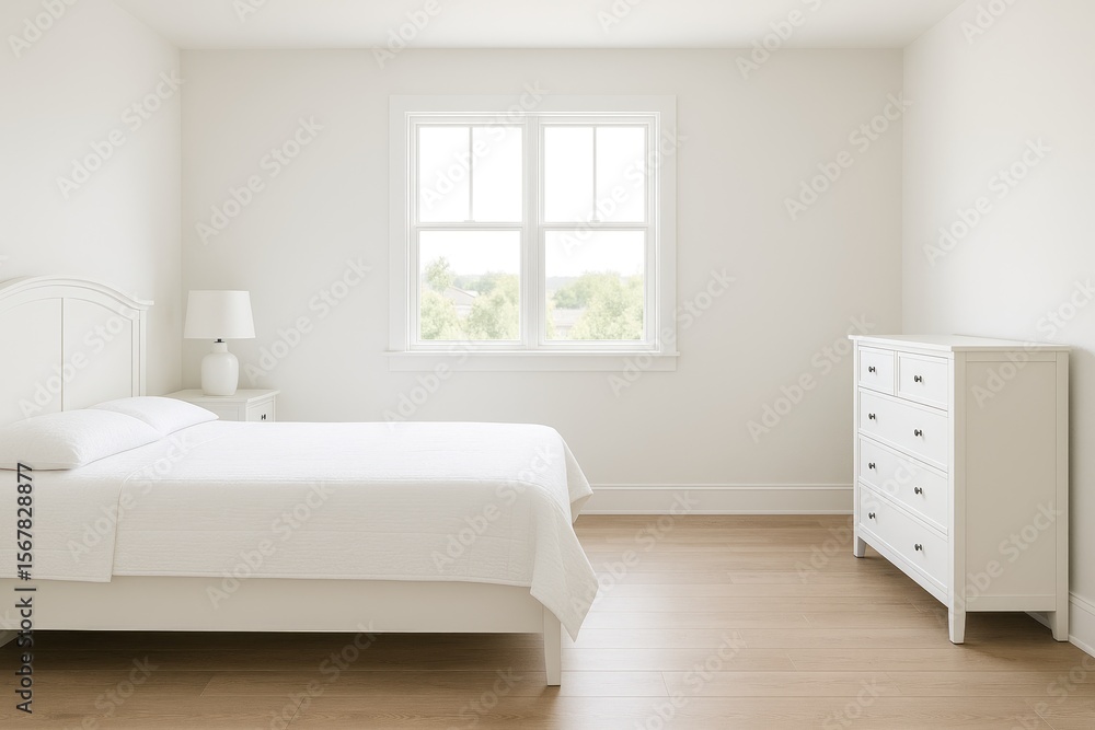 Fototapeta premium Interior of a bedroom featuring a wardrobe, bedside table, and large window with white walls