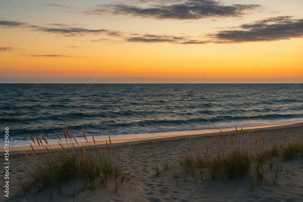 Fototapeta premium Chilly dusk by the dark ocean during autumn