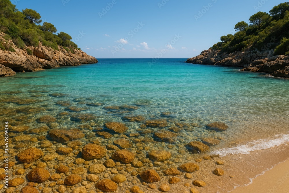 Fototapeta premium Sunny shallow bay with transparent turquoise water revealing stones below