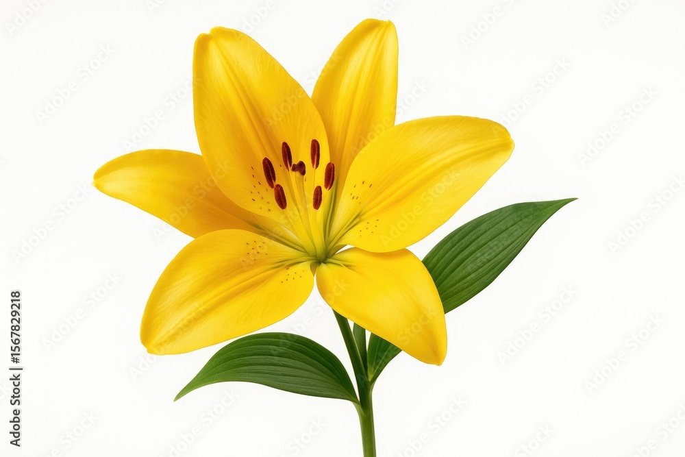 Fototapeta premium Vivid yellow lily blossom displayed against a plain white backdrop