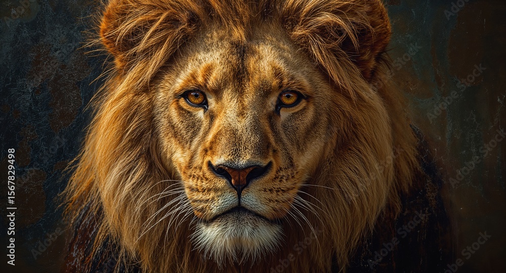 Fototapeta premium Close up portrait of a majestic male lion with a golden mane and intense amber eyes staring forward