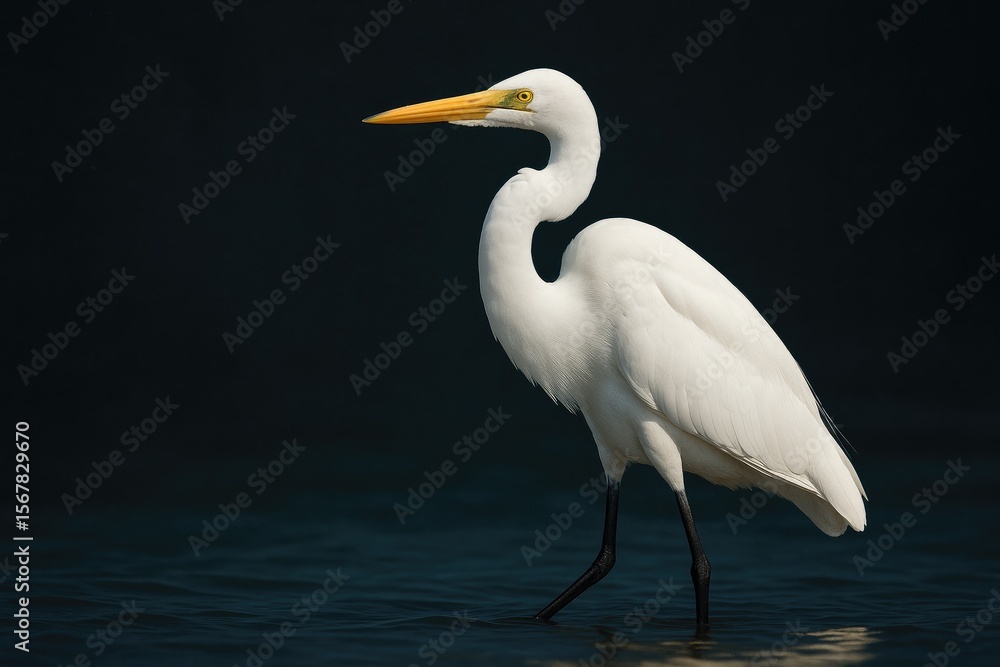 Obraz premium A pure white egret perched in a reflective pond against a shadowed backdrop