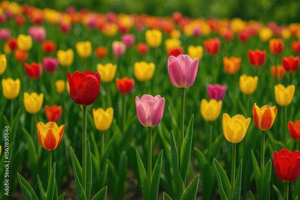 Vibrant springtime scene featuring blooming tulips in a lush garden Vibrant springtime scene featuring blooming tulips in a lush garden