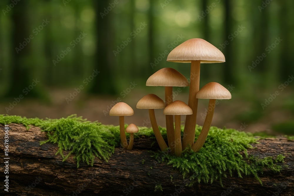 A cluster of fungi and moss thriving on a decaying wood in the woods A cluster of fungi and moss thriving on a decaying wood in the woods
