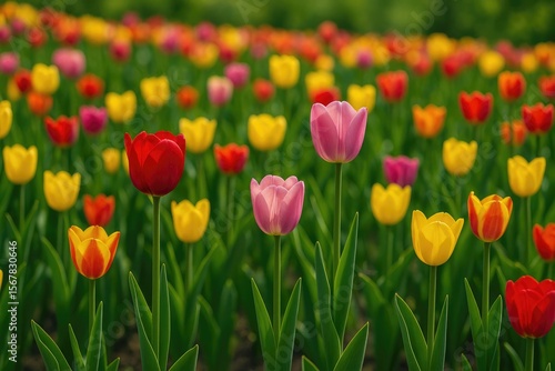 Vibrant springtime scene featuring blooming tulips in a lush garden