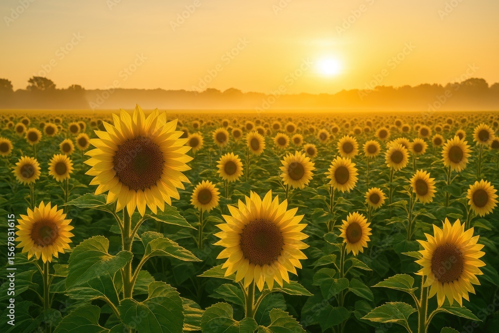 Obraz premium Morning glow over a vibrant sunflower meadow