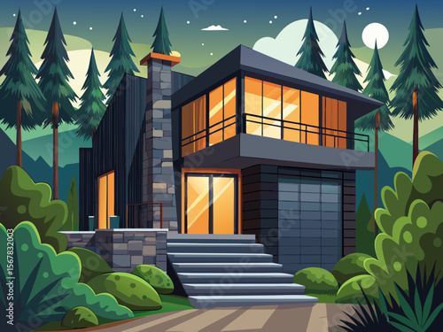 A modern townhouse built in the middle of the forest vector of with a large wooden door, the exterior design is made with black stone and black railings. with facade lighting.