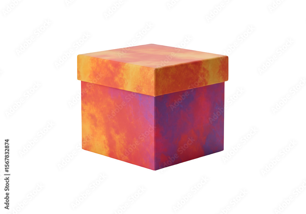 Fototapeta premium A textured cube gift box with a fiery orange and purple abstract design isolated on transparent background