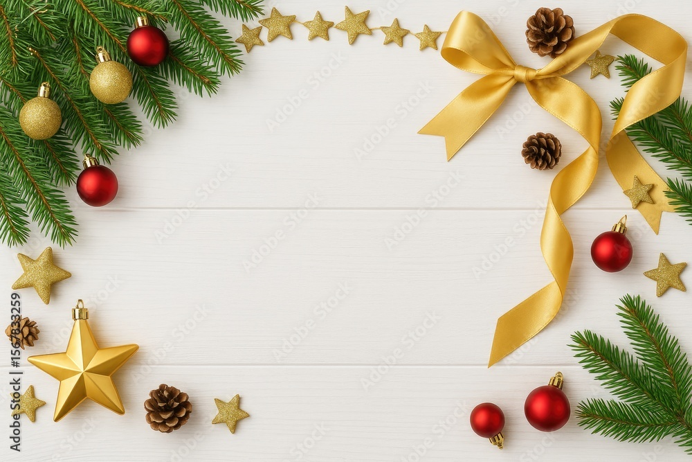 Obraz premium Festive holiday arrangement featuring a Christmas tree ornament on a white wooden surface with ample space for your message