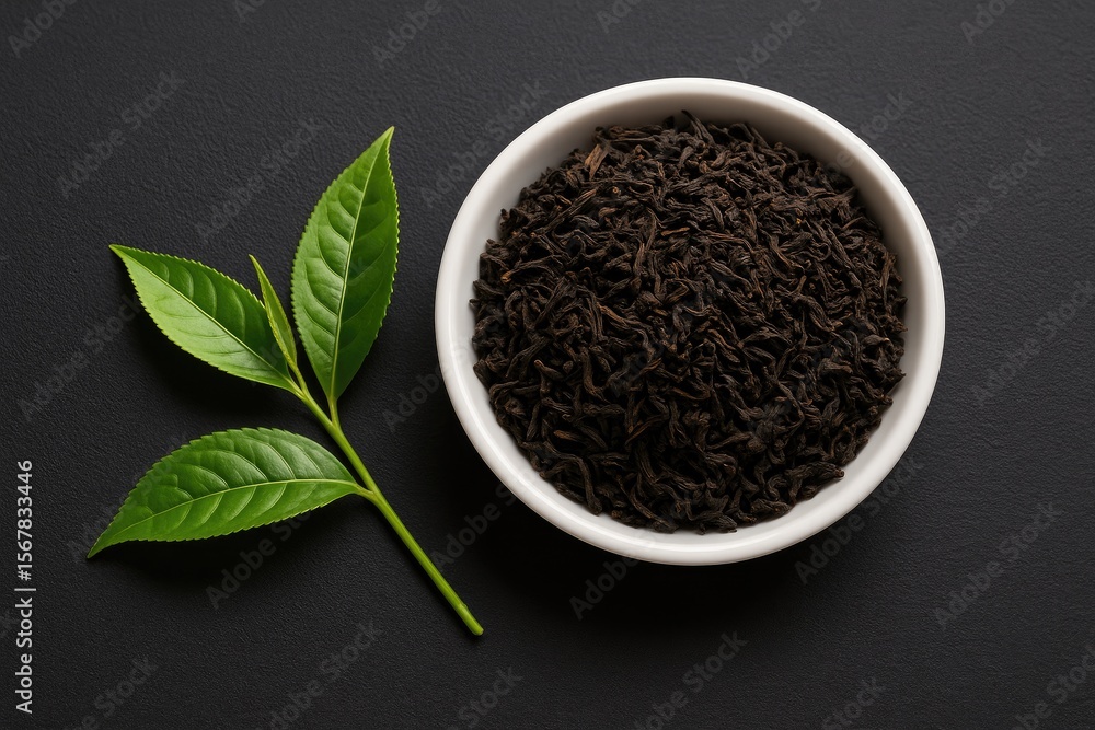 Dark tea leaves showcased against a black backdrop Dark tea leaves showcased against a black backdrop