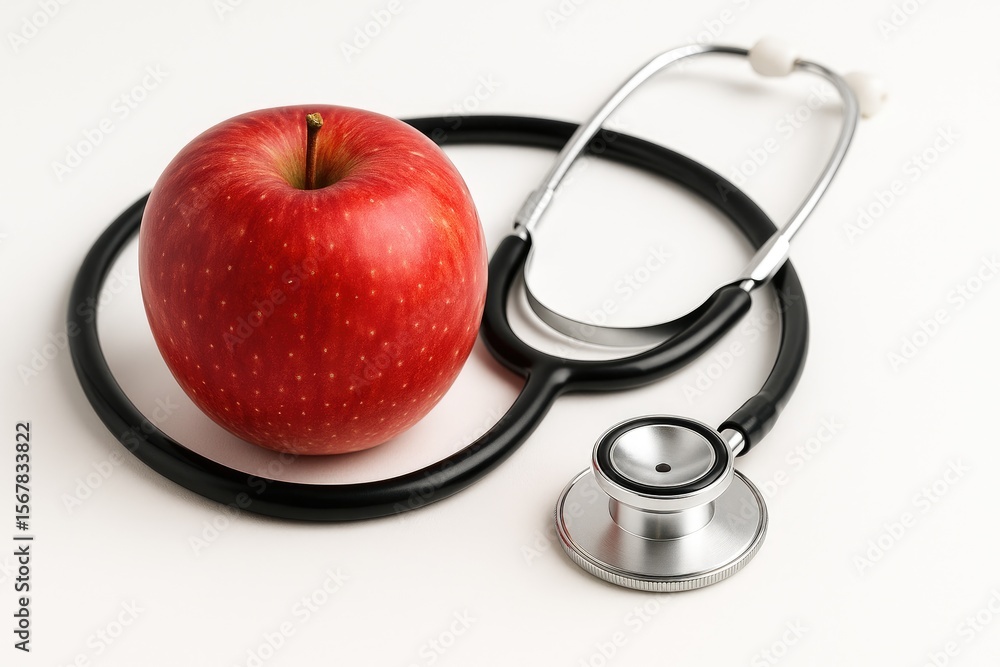 White background with an apple, stethoscope, and apple iconography White background with an apple, stethoscope, and apple iconography