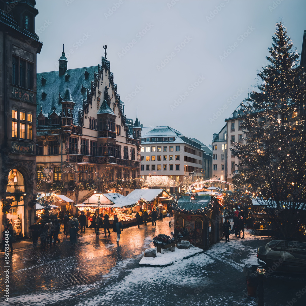 Fototapeta premium Christmas market illuminating romerberg square in frankfurt at twilight