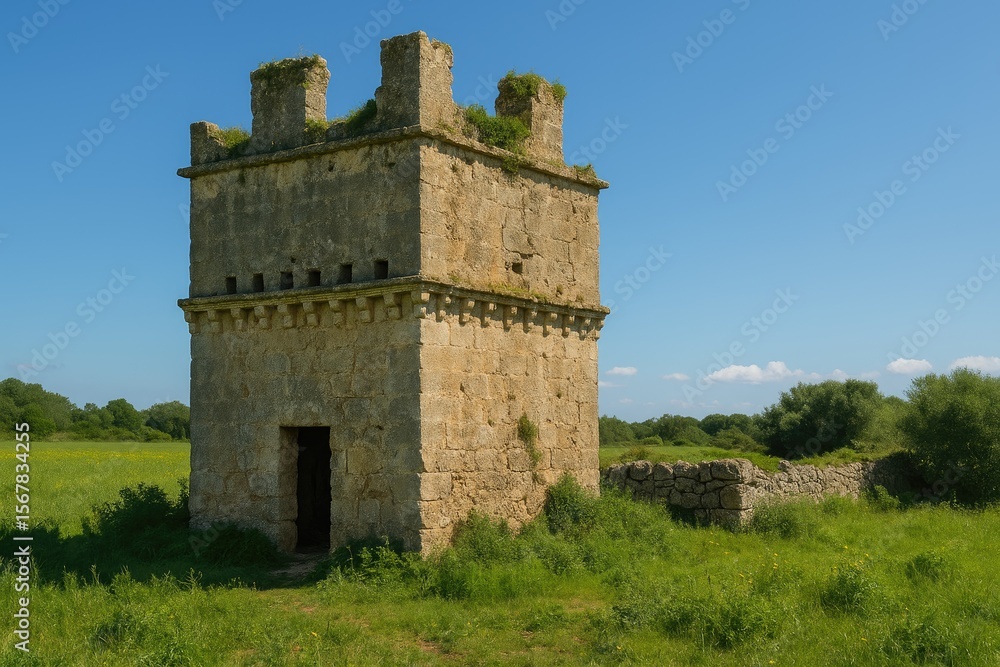 Historic deserted dovecote tower showcasing traditional Salento architecture Historic deserted dovecote tower showcasing traditional Salento architecture