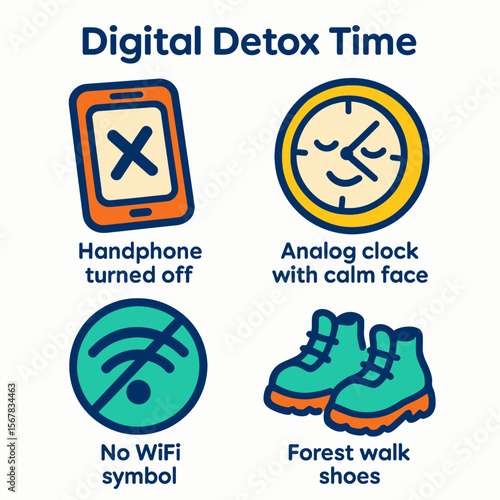 Digital detox time concept with phone off, analog clock, no WiFi, and forest walk shoes.