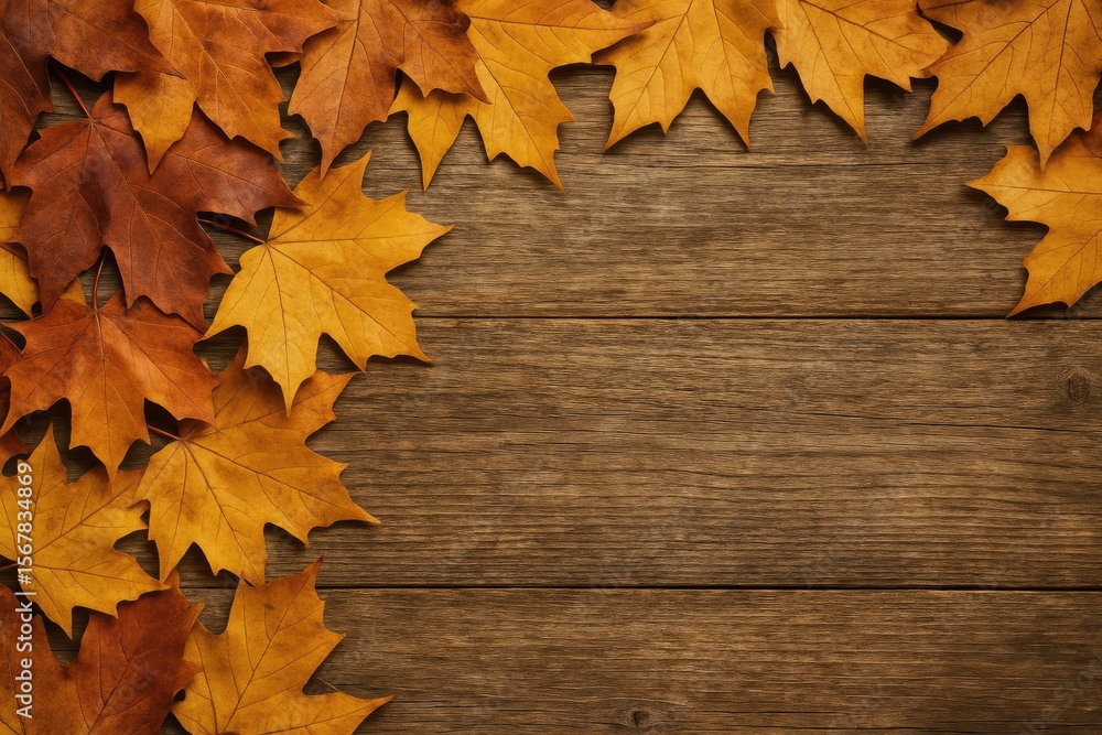 Fallen autumn foliage on a rustic wooden surface with empty area for text Fallen autumn foliage on a rustic wooden surface with empty area for text