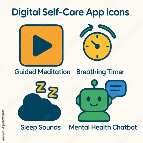 Digital icons for a self-care app featuring guided meditation, breathing timers, sleep sounds, and a mental health chatbot.