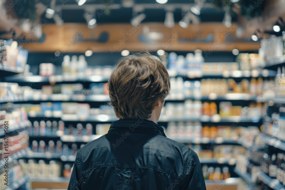 Vibrant Image of Back View of Young Man Shopping in a Retail Store Vibrant Image of Back View of Young Man Shopping in a Retail Store