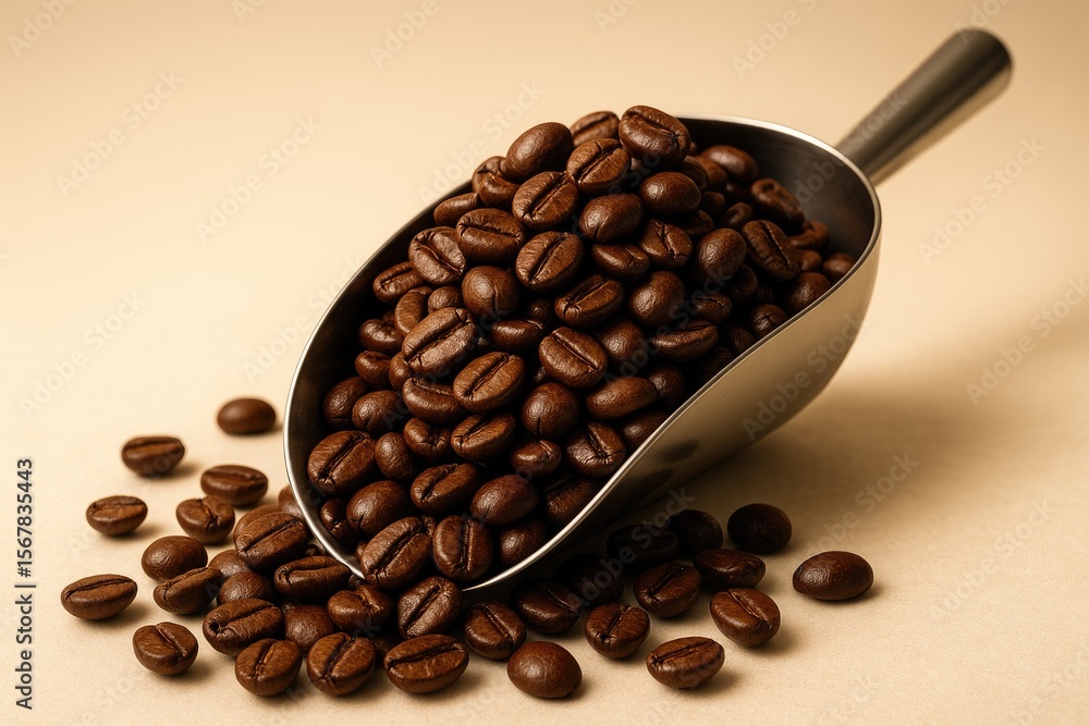 Fototapeta premium Fresh coffee beans with a scoop for measuring