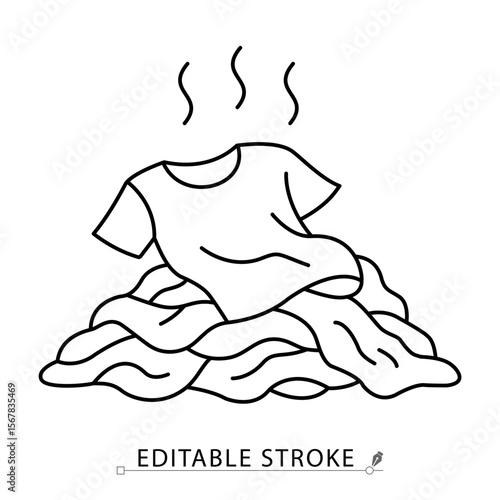 A smelly dirty clothes icon in minimalist style with editable stroke. Laundry pile, bad odor, used garment, household hygiene, messy fabric, clothing care, stink concept, vector outline illustration.