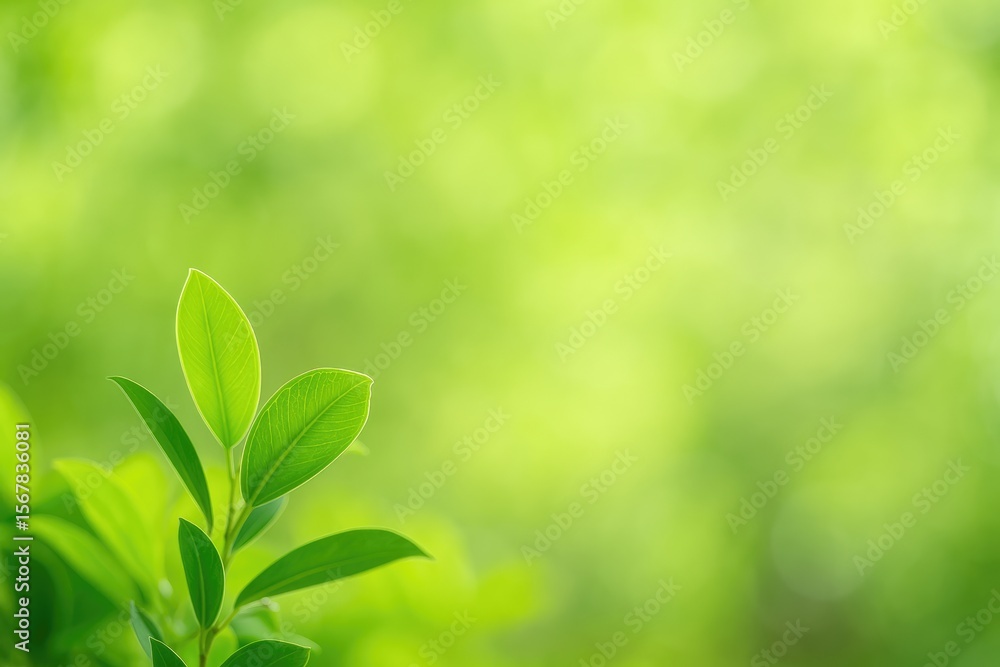 Fototapeta premium Detailed close-up of a vibrant green leaf against a softly blurred leafy backdrop with empty space for text