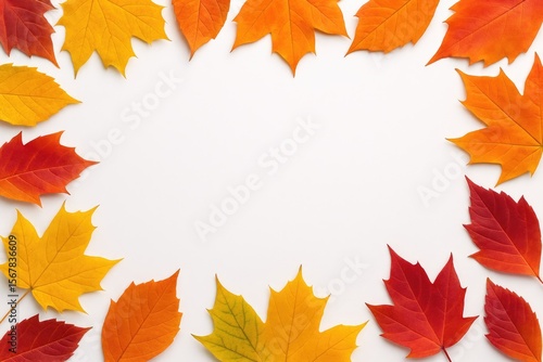 Vibrant Fall Foliage Frame with White Background from a Top Perspective and Space for Text