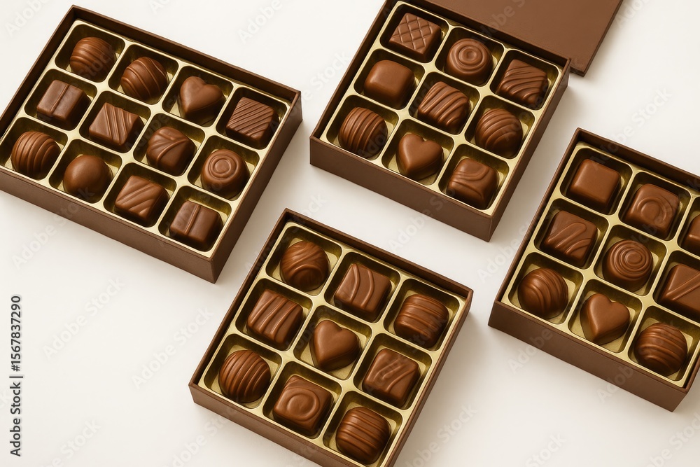 Assorted chocolates in elegant premium packaging on a white backdrop Assorted chocolates in elegant premium packaging on a white backdrop