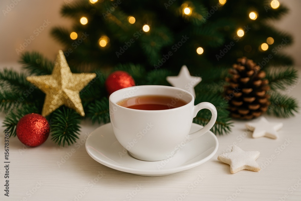 A festive holiday scene with a warm beverage on a decorated table