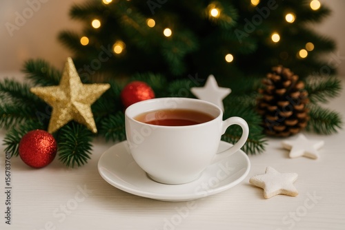 Wallpaper Mural A festive holiday scene with a warm beverage on a decorated table Torontodigital.ca