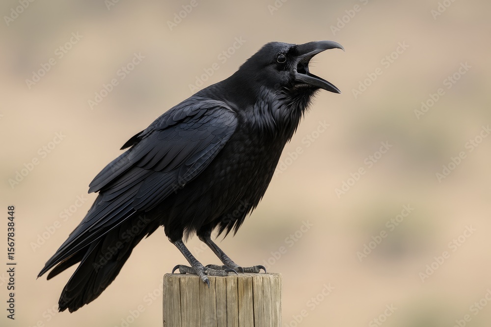 Naklejka premium A common raven (corvus corax) sitting on a wooden post with its beak open wide