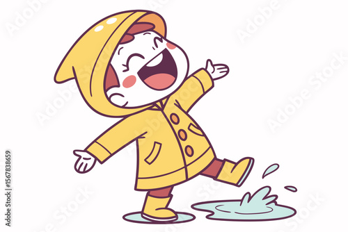 Vector cute Baby Boy cartoon character, with a happy, bubbly laugh and outstretched arms, wearing a bright yellow raincoat and splashing in a tiny puddle, in a joyful, energetic style, isolated on whi