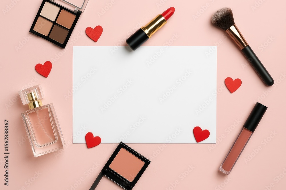 Decorative makeup arrangement alongside a paper sheet on a vibrant background Decorative makeup arrangement alongside a paper sheet on a vibrant background