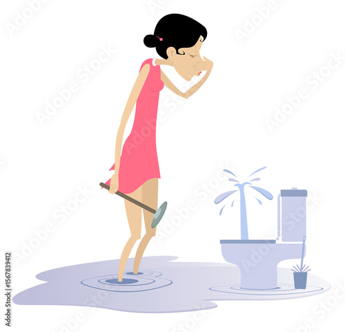 Fotografia Woman clears a clogged toilet boul
