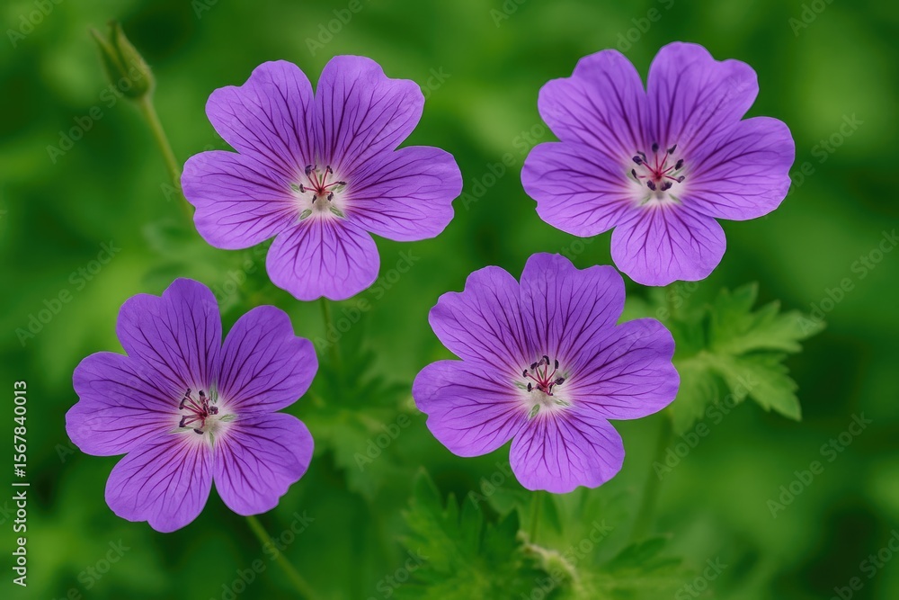 Fototapeta premium Detailed view of violet blossoms against a leafy backdrop