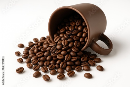 Close-up of roasted coffee seeds spilling from a brown mug on a white background