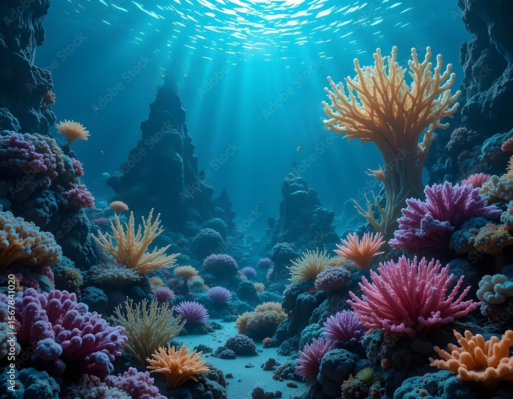 Obraz premium Vibrant coral reef ecosystem with diverse marine life and sunlight filtering through the water surface
