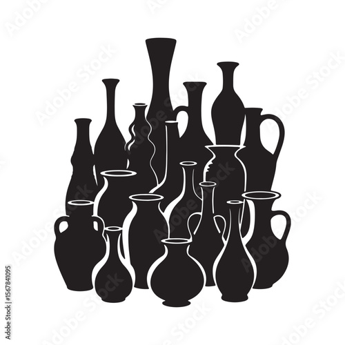 Black silhouette of assorted ceramic vases and amphorae pottery vessel