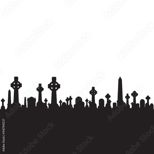 Black silhouette of cemetery tombstones and Celtic crosses against a white background gravestones monuments