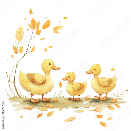Three Adorable Yellow Ducklings Amidst Autumn Leaves